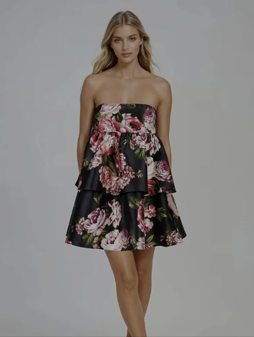 NWT If by the Sea Los Angeles XL Black Pink Rose Floral Taffeta Tiered Dress